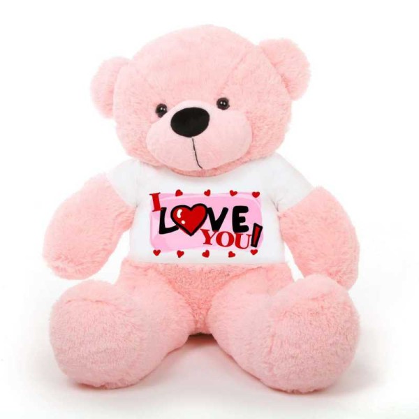 Pink 5 feet Big Teddy Bear wearing a I Love You T-shirt
